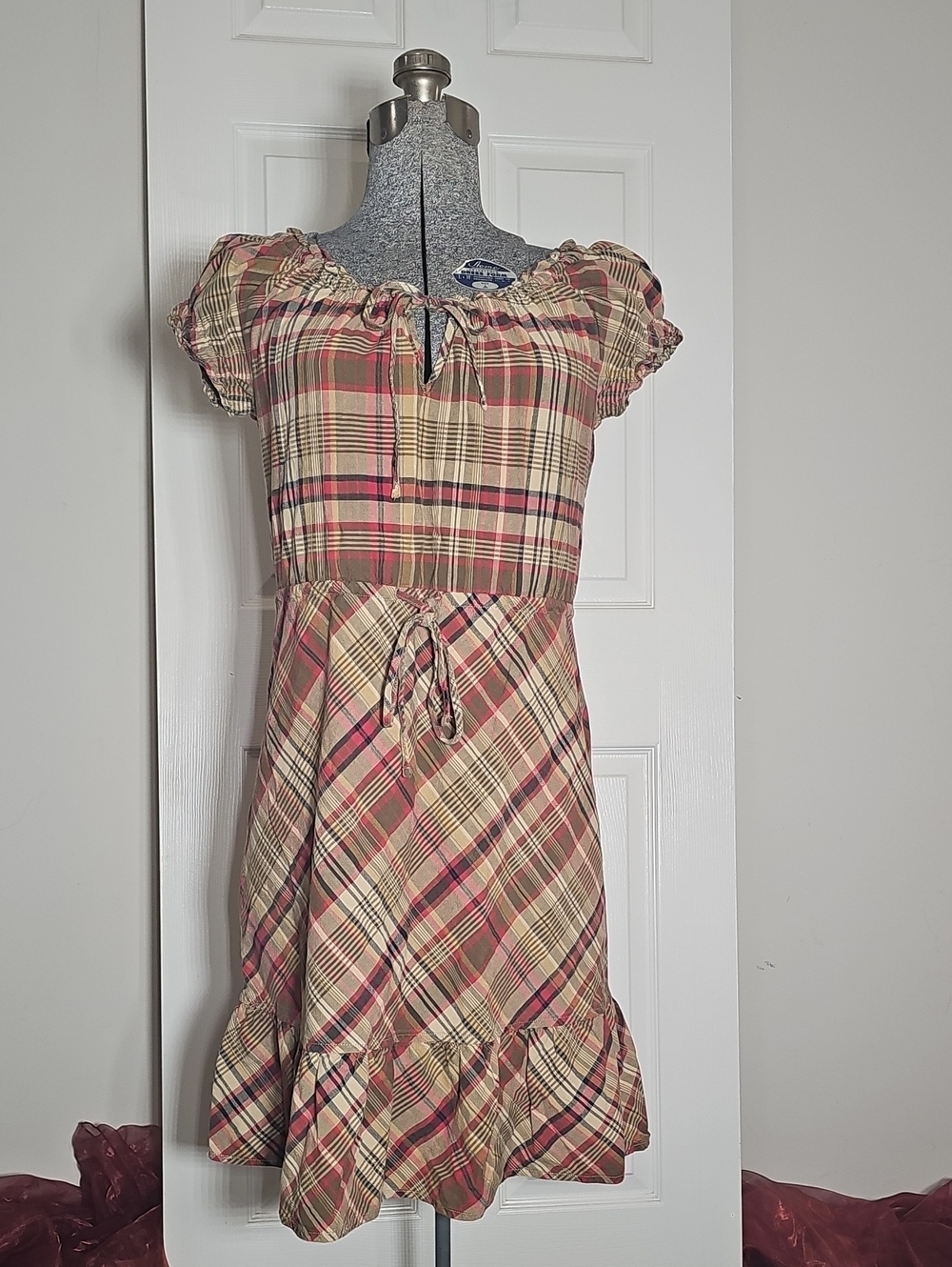 Vintage Y2K Converse One Star Plaid Cotton Milkmaid Ruffle Dress Size M